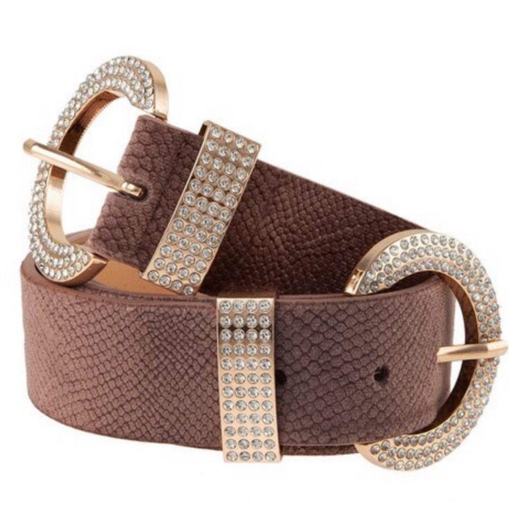 Taupe faux velvet stone buckle belt